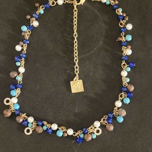 Anne Klein Gold Tone Dangle Necklace Blue Teal Pearl Wood Beads 16" - 18"